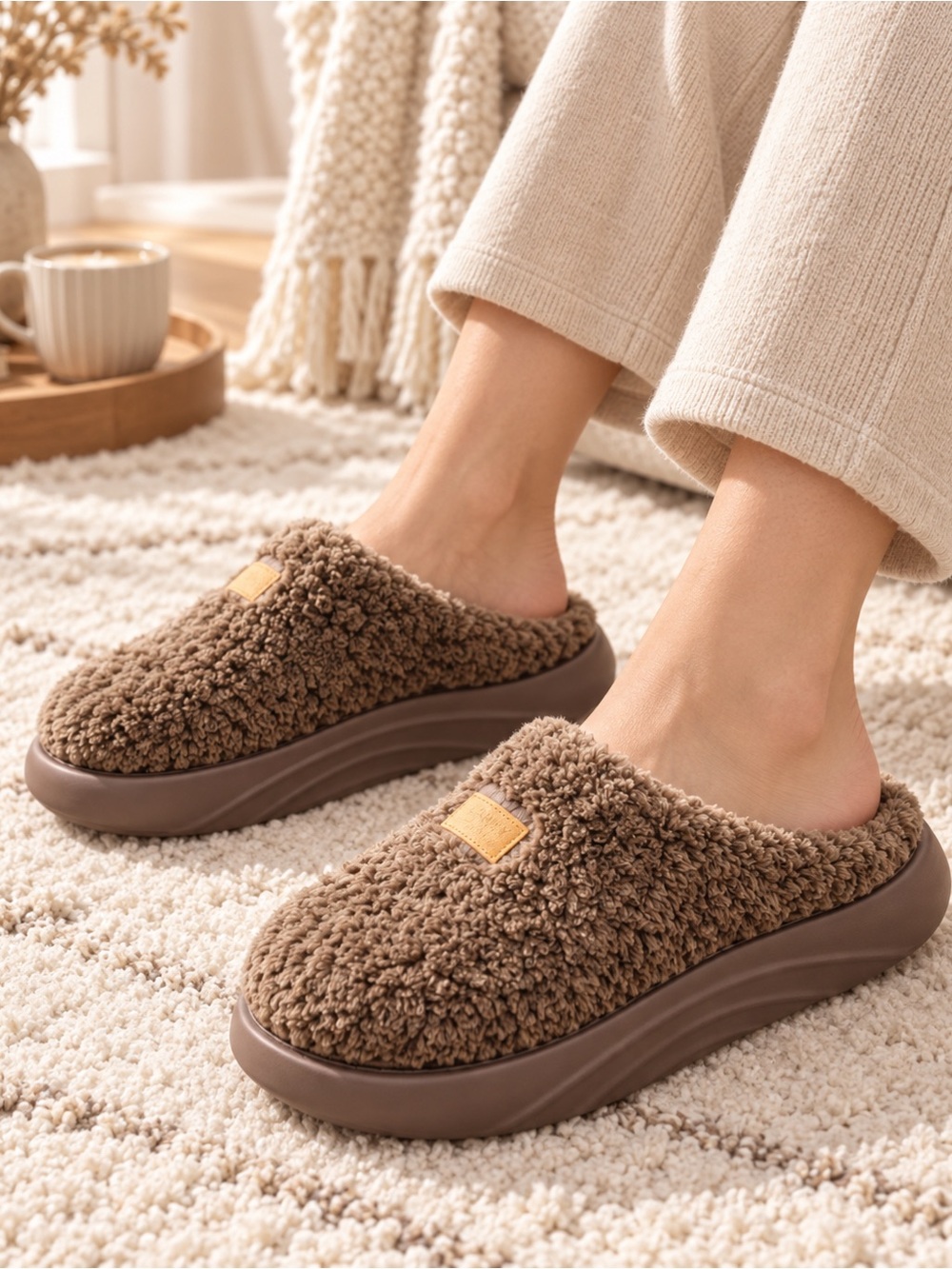Womenās Brown Fuzzy Platform Slippers Cozy Teddy Clog Mules